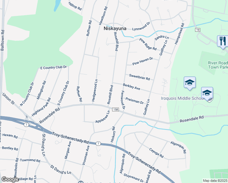 map of restaurants, bars, coffee shops, grocery stores, and more near 1123 Rosehill Boulevard in Schenectady County