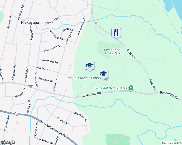 map of restaurants, bars, coffee shops, grocery stores, and more near 2445 Rosendale Road in Schenectady County