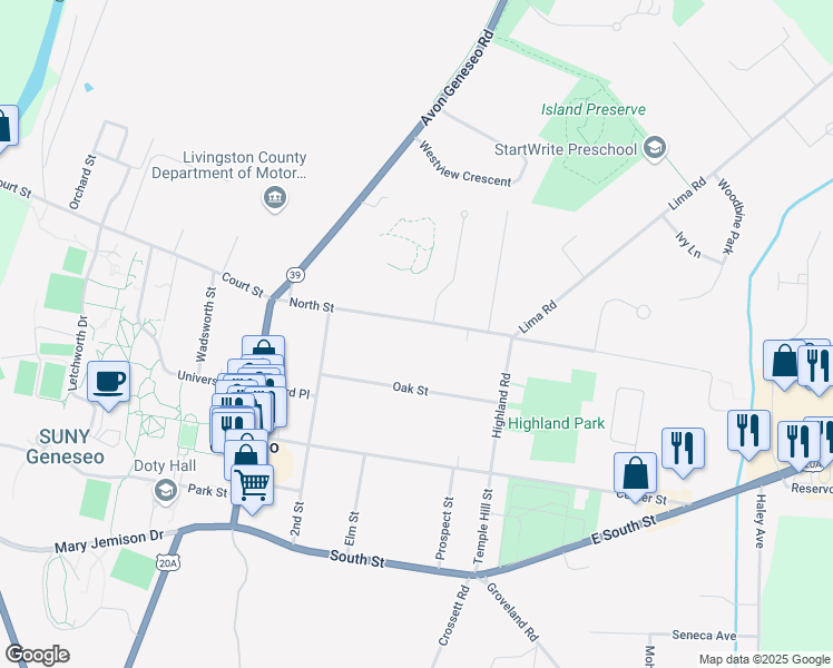 map of restaurants, bars, coffee shops, grocery stores, and more near Mount Morris Geneseo Road in Mount Morris