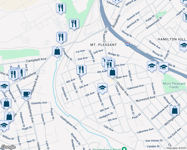map of restaurants, bars, coffee shops, grocery stores, and more near 1254 4th Avenue in Schenectady