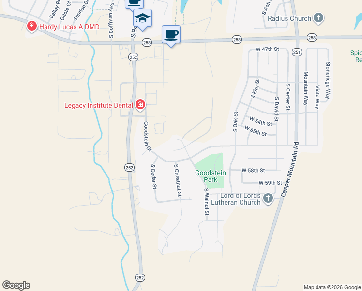 map of restaurants, bars, coffee shops, grocery stores, and more near 1600 Goodstein Drive in Casper