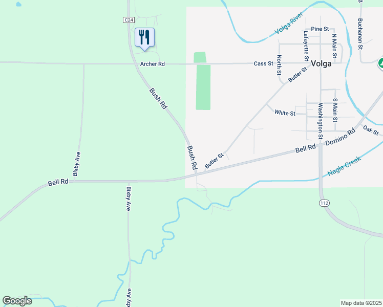 map of restaurants, bars, coffee shops, grocery stores, and more near County Highway C24 in Volga