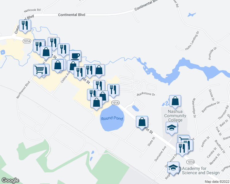 map of restaurants, bars, coffee shops, grocery stores, and more near 569 Amherst Street in Nashua