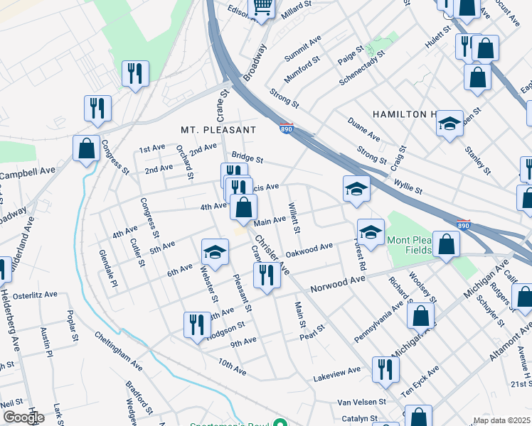 map of restaurants, bars, coffee shops, grocery stores, and more near 1018 Howard Street in Schenectady