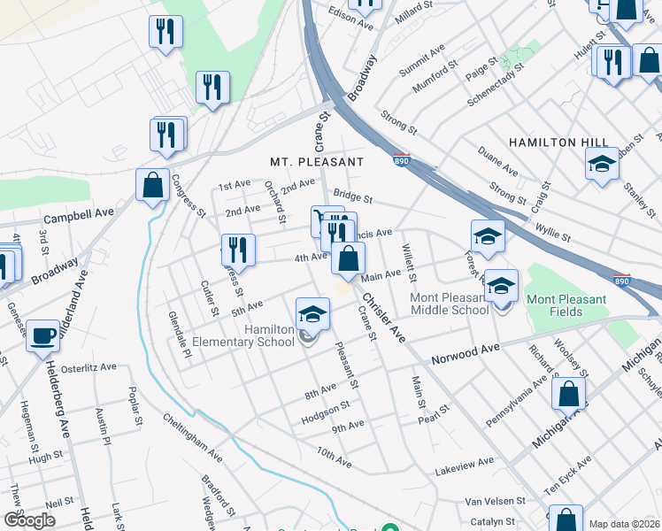 map of restaurants, bars, coffee shops, grocery stores, and more near 906 Crane Street in Schenectady