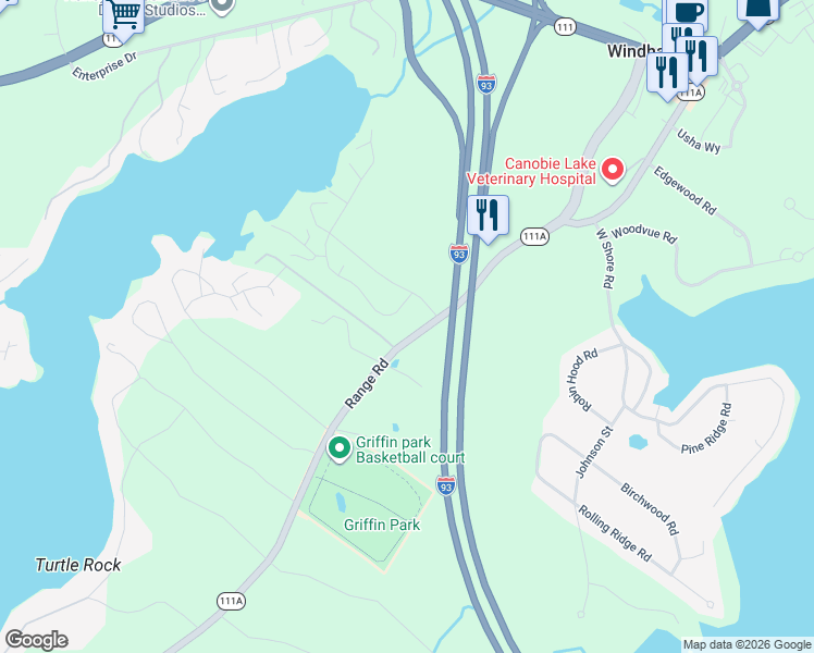 map of restaurants, bars, coffee shops, grocery stores, and more near 6 Harvest Road in Windham
