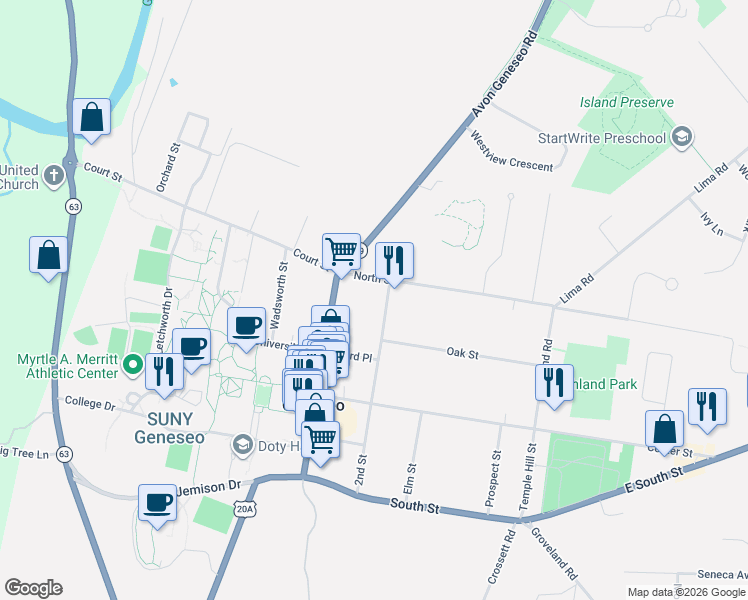 map of restaurants, bars, coffee shops, grocery stores, and more near 4 2nd Street in Geneseo