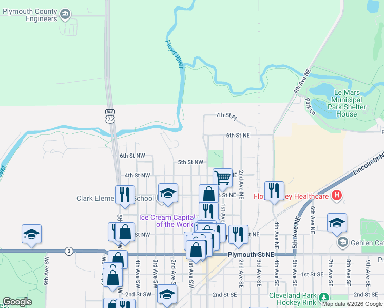 map of restaurants, bars, coffee shops, grocery stores, and more near 107 5th Street Northwest in Le Mars