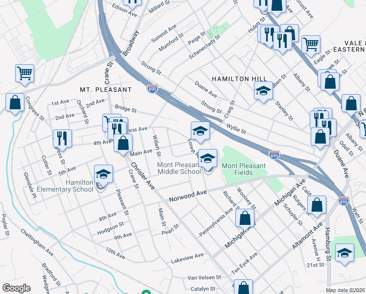 map of restaurants, bars, coffee shops, grocery stores, and more near 818 Main Avenue in Schenectady