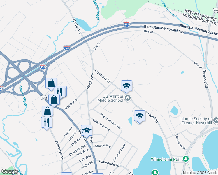 map of restaurants, bars, coffee shops, grocery stores, and more near 77 Crosby Street in Haverhill