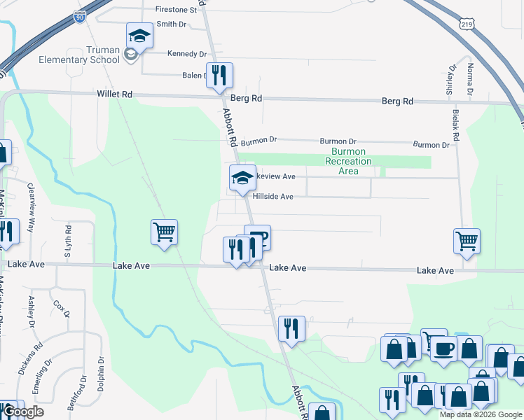 map of restaurants, bars, coffee shops, grocery stores, and more near 60 Vistula Avenue in Orchard Park