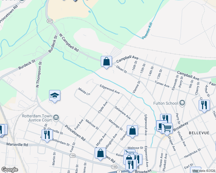 map of restaurants, bars, coffee shops, grocery stores, and more near 2530 Edgewood Avenue in Schenectady