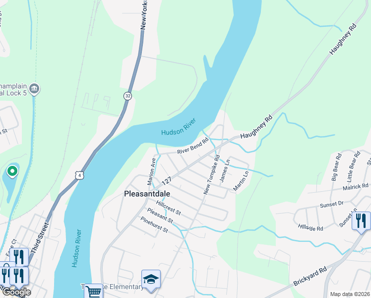 map of restaurants, bars, coffee shops, grocery stores, and more near 329 River Bend Road in Troy