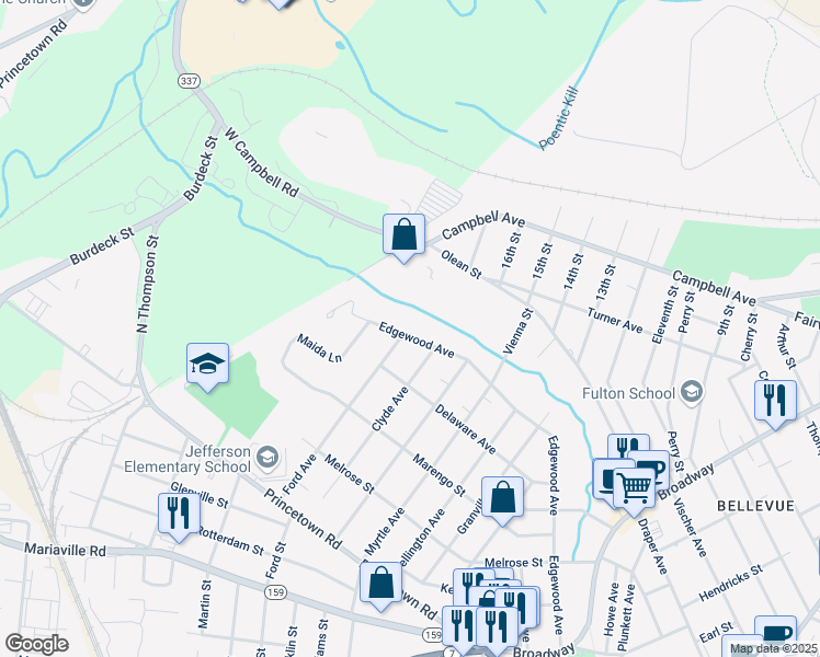 map of restaurants, bars, coffee shops, grocery stores, and more near 2530 Edgewood Avenue in Schenectady