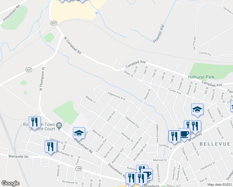 map of restaurants, bars, coffee shops, grocery stores, and more near 2530 Edgewood Avenue in Schenectady