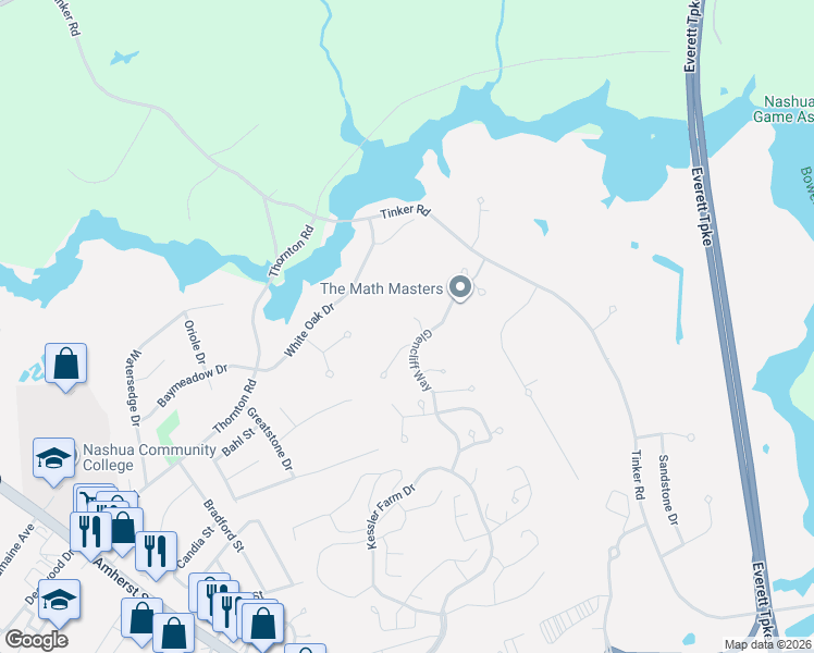 map of restaurants, bars, coffee shops, grocery stores, and more near 11 Castlegate Way in Nashua