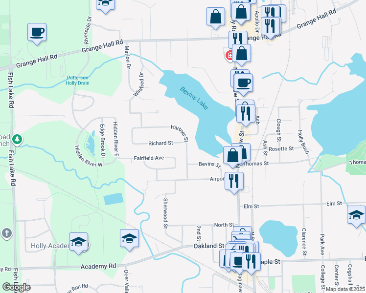 map of restaurants, bars, coffee shops, grocery stores, and more near 701 Hartner Street in Holly