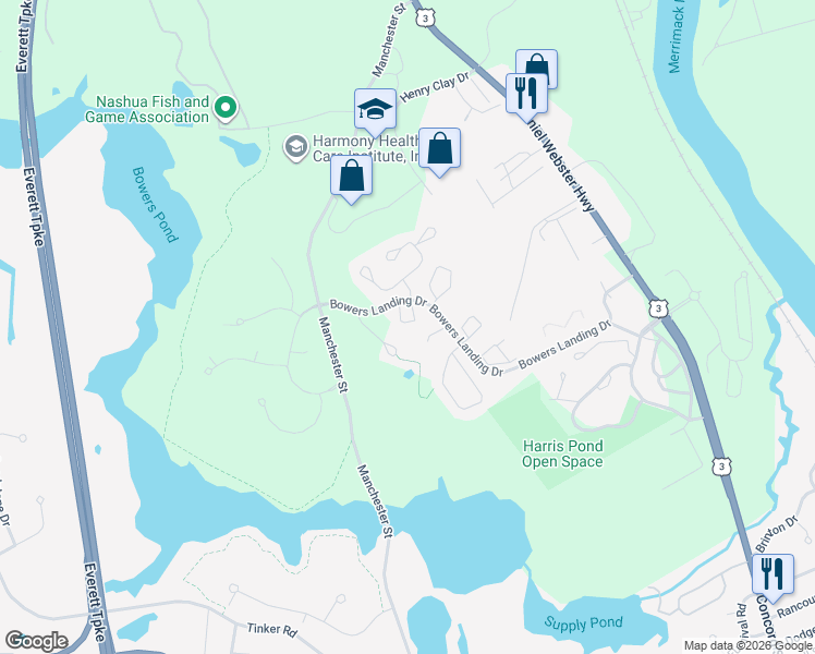 map of restaurants, bars, coffee shops, grocery stores, and more near 18 Jonathan Circle in Merrimack