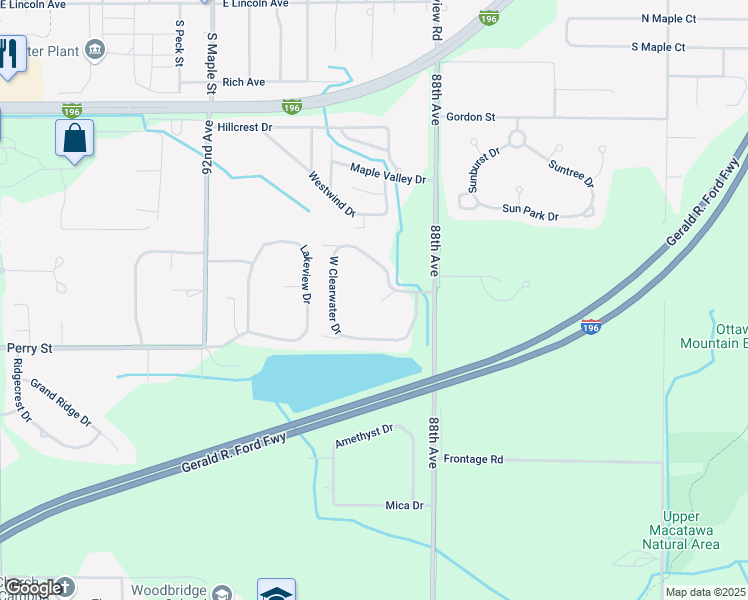 map of restaurants, bars, coffee shops, grocery stores, and more near 1689 South Clearwater Drive in Zeeland