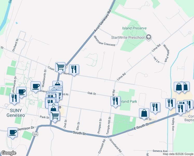 map of restaurants, bars, coffee shops, grocery stores, and more near North Street & Northview Drive in Geneseo
