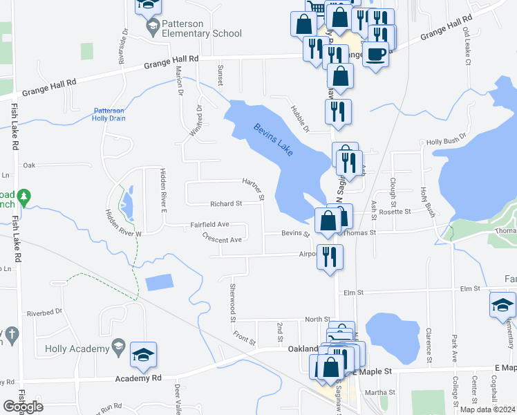 map of restaurants, bars, coffee shops, grocery stores, and more near 701 Hartner Street in Holly