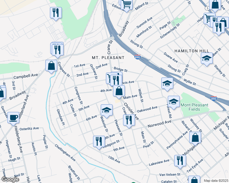 map of restaurants, bars, coffee shops, grocery stores, and more near 906 Crane Street in Schenectady