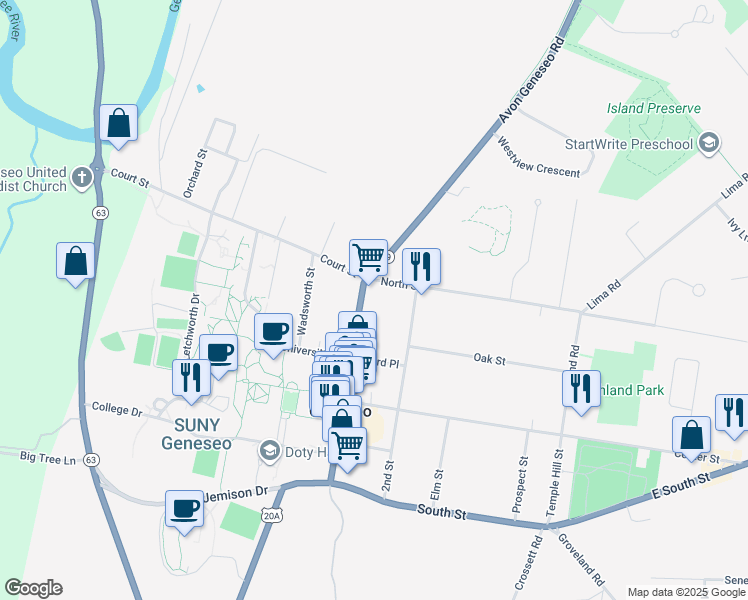 map of restaurants, bars, coffee shops, grocery stores, and more near 5 Main Street in Geneseo