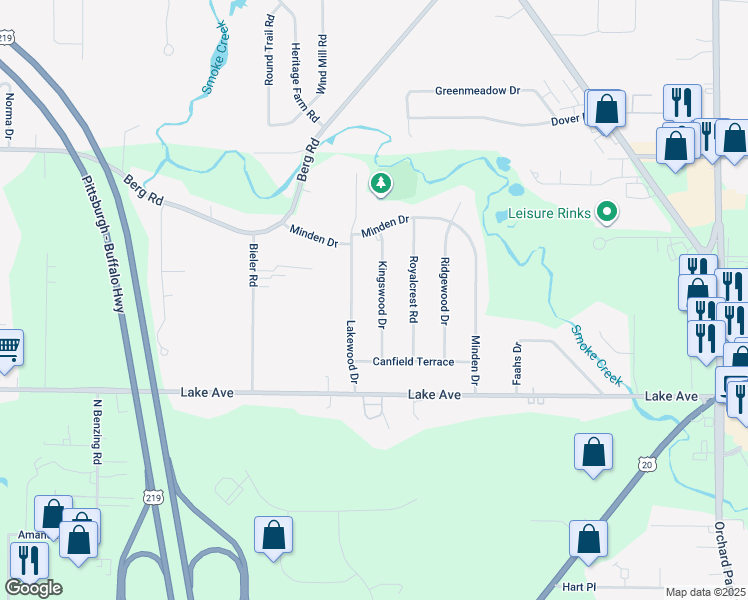 map of restaurants, bars, coffee shops, grocery stores, and more near 17 Kingswood Dr in Orchard Park