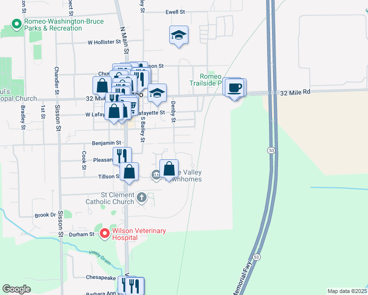 map of restaurants, bars, coffee shops, grocery stores, and more near 116 Spring St in Romeo