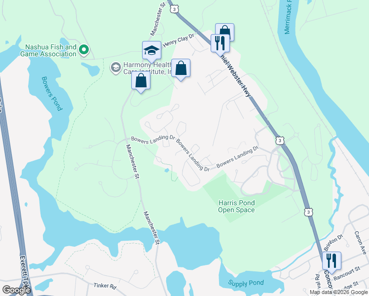 map of restaurants, bars, coffee shops, grocery stores, and more near 1 Esquire Lane in Merrimack