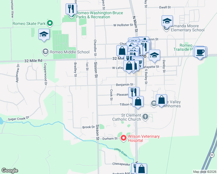 map of restaurants, bars, coffee shops, grocery stores, and more near 209 Benjamin Street in Romeo
