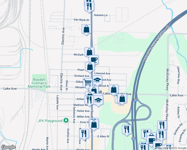 map of restaurants, bars, coffee shops, grocery stores, and more near 3662 South Park Avenue in Blasdell