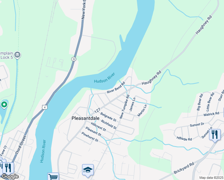 map of restaurants, bars, coffee shops, grocery stores, and more near 338 River Bend Road in Troy