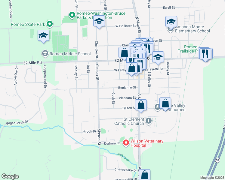map of restaurants, bars, coffee shops, grocery stores, and more near 209 Benjamin Street in Romeo