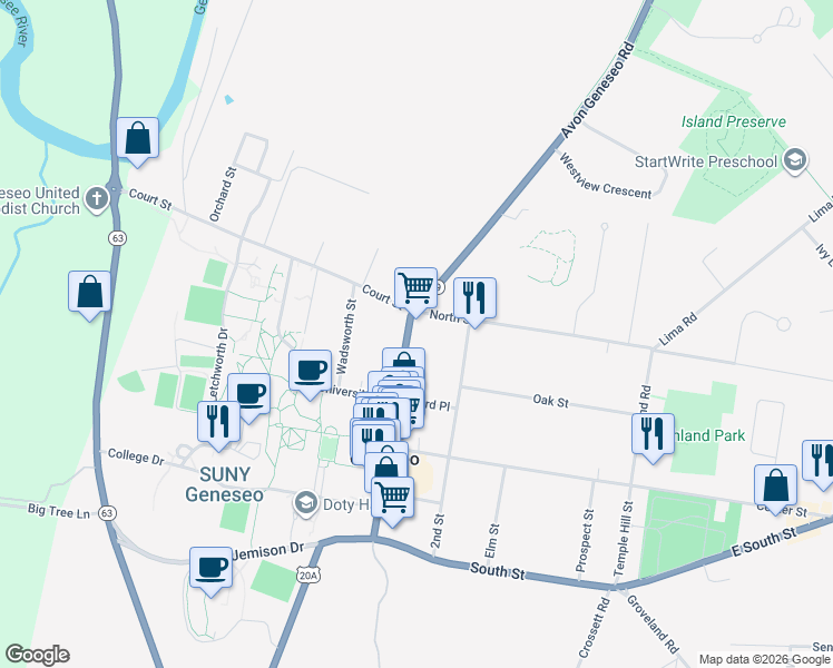map of restaurants, bars, coffee shops, grocery stores, and more near 5 Main Street in Geneseo