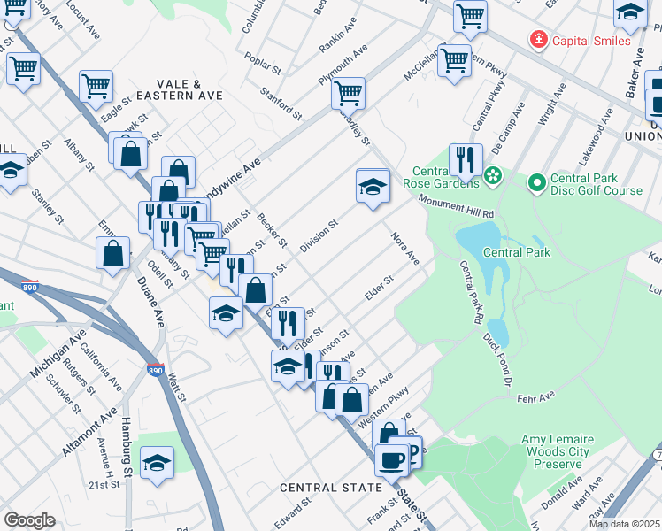 map of restaurants, bars, coffee shops, grocery stores, and more near 132 Elm Street in Schenectady