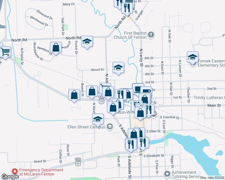 map of restaurants, bars, coffee shops, grocery stores, and more near 401 Lincoln Street in Fenton