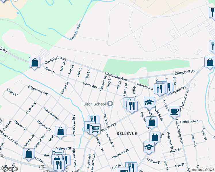 map of restaurants, bars, coffee shops, grocery stores, and more near 256 Perry Street in Schenectady
