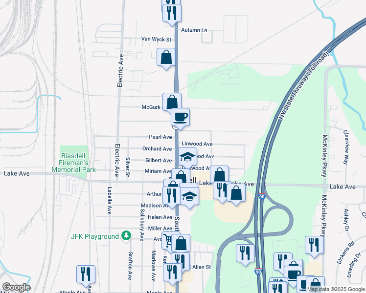 map of restaurants, bars, coffee shops, grocery stores, and more near 3662 South Park Avenue in Blasdell