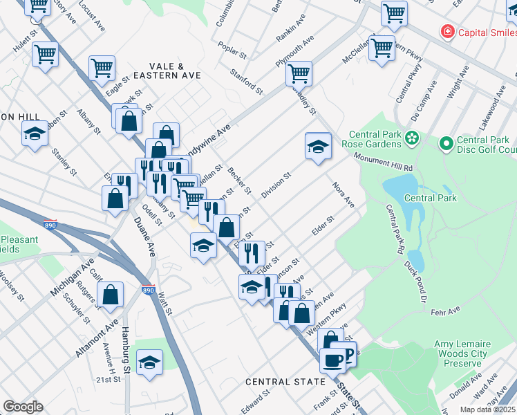 map of restaurants, bars, coffee shops, grocery stores, and more near 96 Division St in Schenectady