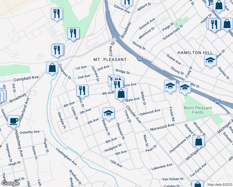 map of restaurants, bars, coffee shops, grocery stores, and more near 906 Crane Street in Schenectady