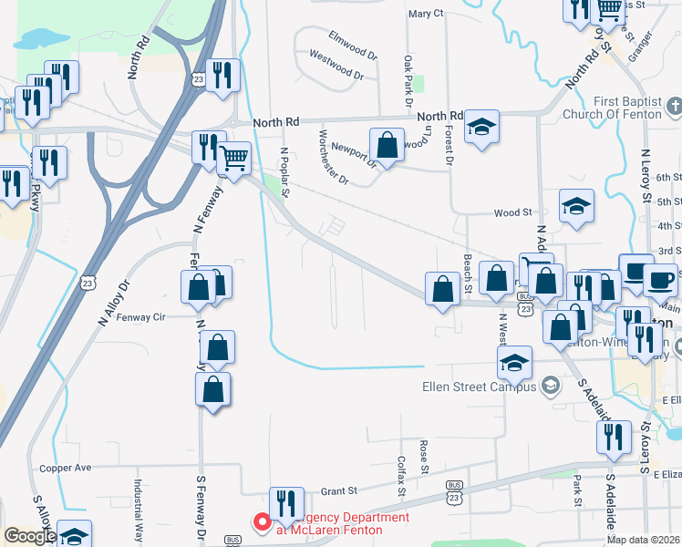map of restaurants, bars, coffee shops, grocery stores, and more near 248 Ponchartrain Drive in Fenton