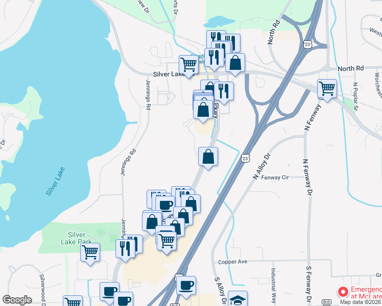 map of restaurants, bars, coffee shops, grocery stores, and more near 16000 Silver Parkway in Fenton