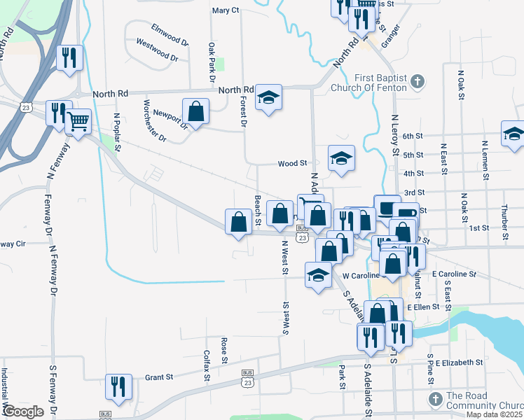 map of restaurants, bars, coffee shops, grocery stores, and more near 624 Hickory Street in Fenton