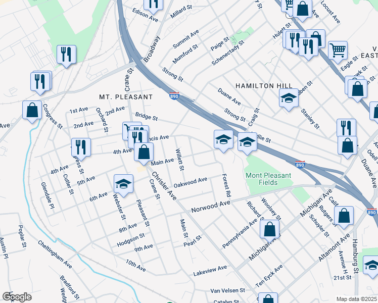 map of restaurants, bars, coffee shops, grocery stores, and more near 1038 Holland Road in Schenectady