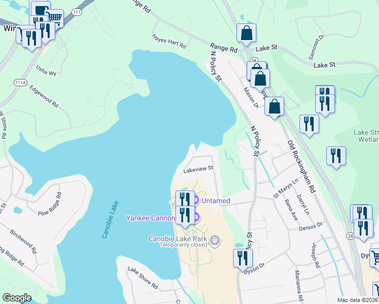map of restaurants, bars, coffee shops, grocery stores, and more near 3 Lakeside Street in Salem