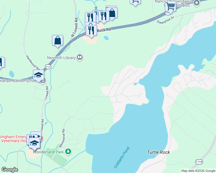 map of restaurants, bars, coffee shops, grocery stores, and more near 5 4th Street in Windham