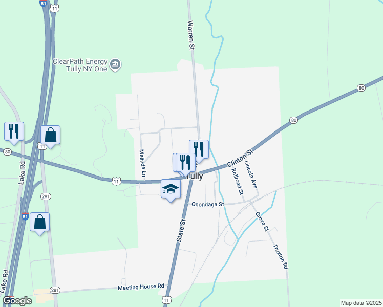 map of restaurants, bars, coffee shops, grocery stores, and more near 25 Warren Street in Tully