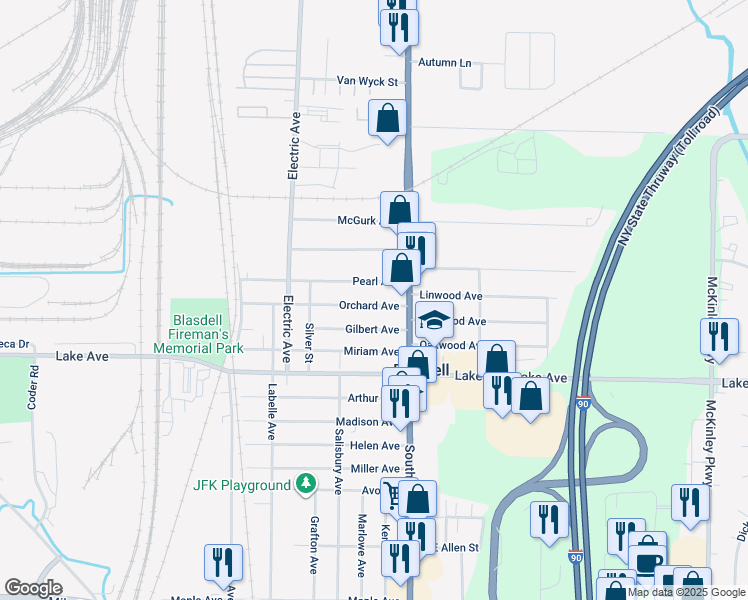map of restaurants, bars, coffee shops, grocery stores, and more near 25 Orchard Avenue in Buffalo