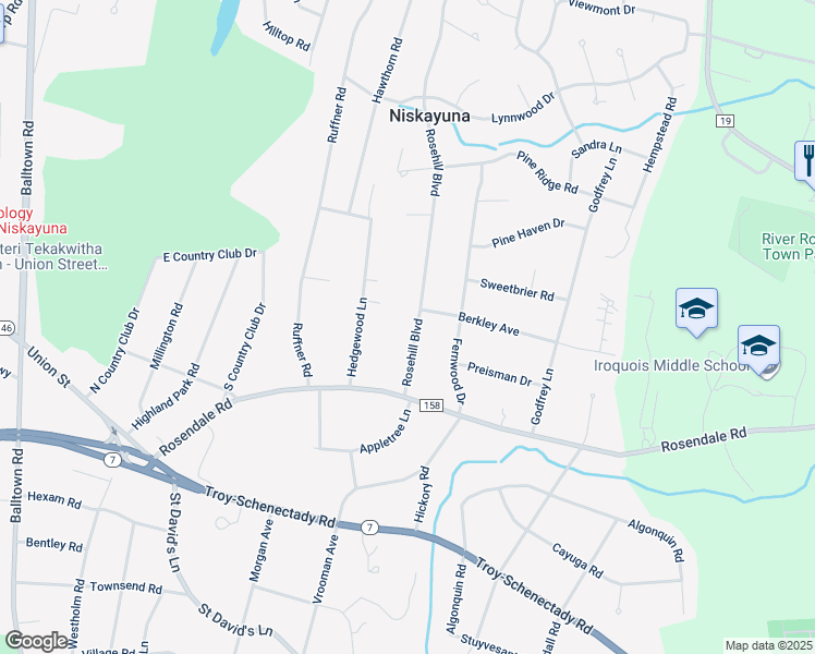 map of restaurants, bars, coffee shops, grocery stores, and more near 1123 Rosehill Boulevard in Schenectady County